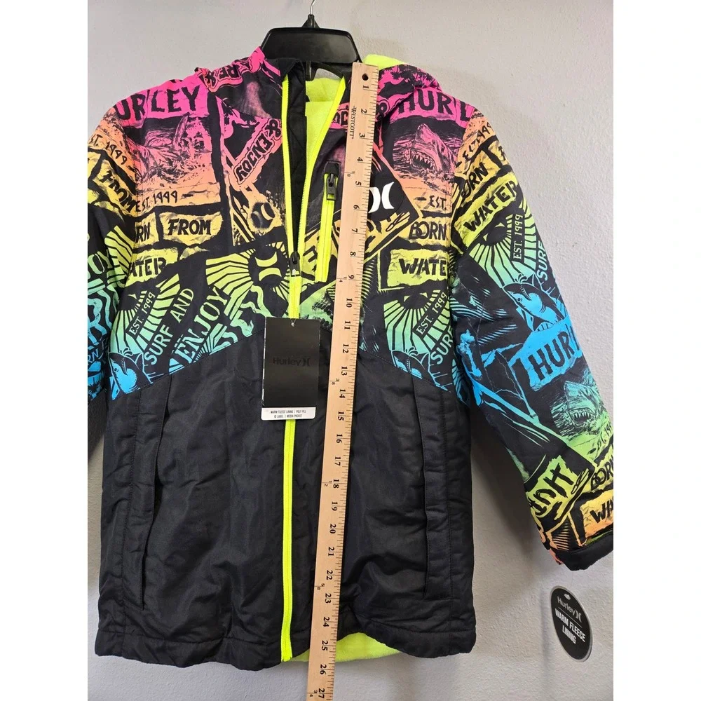 Hurley Neon Graffiti Graphic Fleece Lined Hooded Puffer Jacket Size Medium